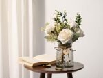 YJ Fake Silk Roses in Vase – Artificial Flower Arrangement for Home, Office & Dining Centerpiece (White) - Image 2
