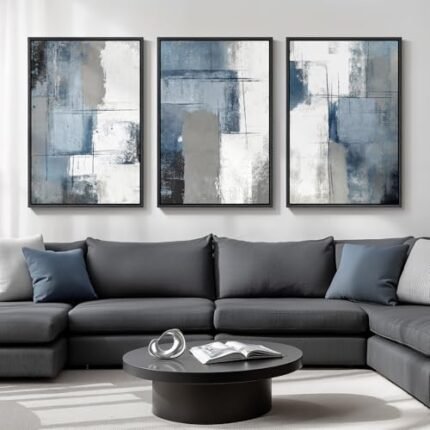 Large Framed Blue and Grey Abstract Wall Art for Living Room, 3 Piece Modern Canvas Prints Paintings Artwork for Walls, Minimalist Abstract Pictures Wall Decor for Hallway Office Bedroom 24x36 In