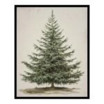 Generic Vintage Christmas Tree Print, Rustic Winter Tree Art, Botanical Holiday Decor, 8x10 inch + Black Framed