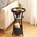 Yusong Round Side Table with Charging Station, Small Drink Table for Small Spaces, 3-Tier Industrial End Table, Accent Nightstand Bedside Table for Living Room, Bedroom, Sofa Couch, Rustic Brown