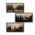 WELMECO Cabin Decor Bear Moose Deer Wall Art Rustic Home Decor Woodland Farmhouse Living Room Bedroom Bathroom Decor Forest Animal Picture, Black Framed 8x16inchx3 Pieces,Brown