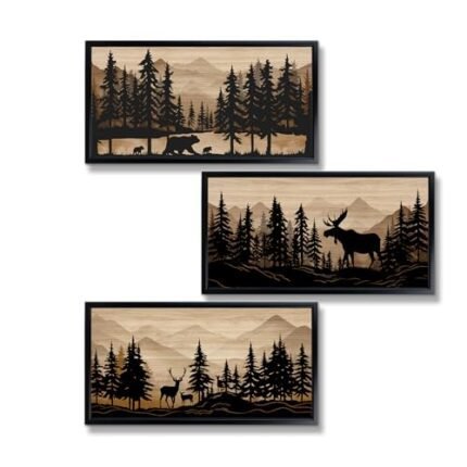WELMECO Cabin Decor Bear Moose Deer Wall Art Rustic Home Decor Woodland Farmhouse Living Room Bedroom Bathroom Decor Forest Animal Picture, Black Framed 8x16inchx3 Pieces,Brown