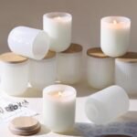 REISEN 12PCS Milky White Ribbed Candle Jars for Making Candles, 8.5 OZ Empty Glass Candle Making Jars with Bamboo Lids, Candle Wick Kit and Sticky Warning Labels, Candle Vessels for Candle Making