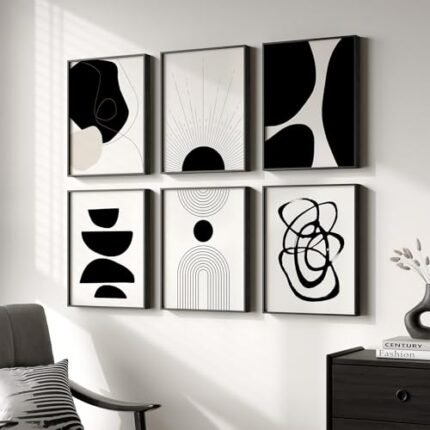 Framed Boho Black and White Abstract Wall Art, Set of 6 Modern Canvas Prints Paintings Artwork for Walls, Minimalist Geometric Pictures for Living Room Bedroom Office Bathroom Wall Decor 11x14 Inch