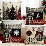 Set of 4 Xmas Tree Pillow Covers (18x18 in) - Merry Christmas Pumpkin Orange Eucalyptus Designs for Winter Decor - Image 6
