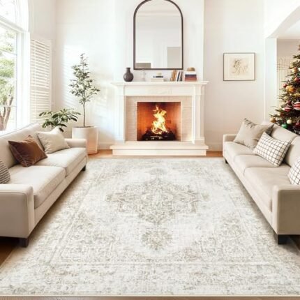 8x10 Area Rugs for Living Room, Washable Vintage Boho Neutral Medallion Rug Non Slip Low Pile Floor Carpet for Bedroom Dining Room Home Office (Beige, 8'x10')