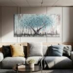 Arjun Tree of Life Canvas Art: Hand-Painted Blue Teal Landscape for Living Room, 40"x20" Framed Decor. - Image 2