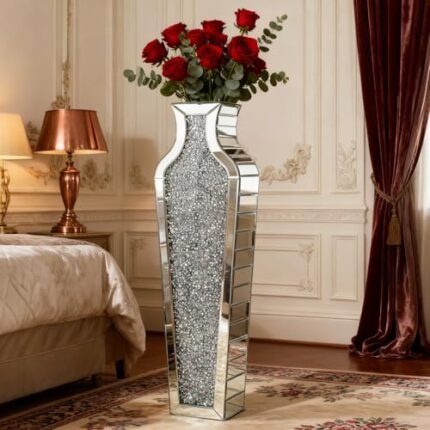 SHYFOY Crushed Diamond Floor Vase, Large Silver Mirror Tall Vases for Floor, Modern Luxury Glass Vases Home Decor for Living Room Bedroom Home Corner Indoor Office, 26.8" Tall