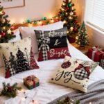 Set of 4 Xmas Tree Pillow Covers (18x18 in) - Merry Christmas Pumpkin Orange Eucalyptus Designs for Winter Decor - Image 5