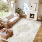 Washable 8x10 Vintage Boho Area Rug for Living Room, Bedroom, Dining, & Office - Non-Slip, Low Pile (Beige). - Image 2