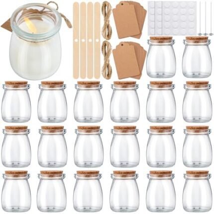 Teenyyou 20 Pack Glass Candle Jars for Making Candles Bulk 3.4 oz Small Clear Empty Glass Jars with Airtight Bamboo Lid Twine Wick Label Wax Core Holder for Baby Shower Guest Christmas Party Gifts