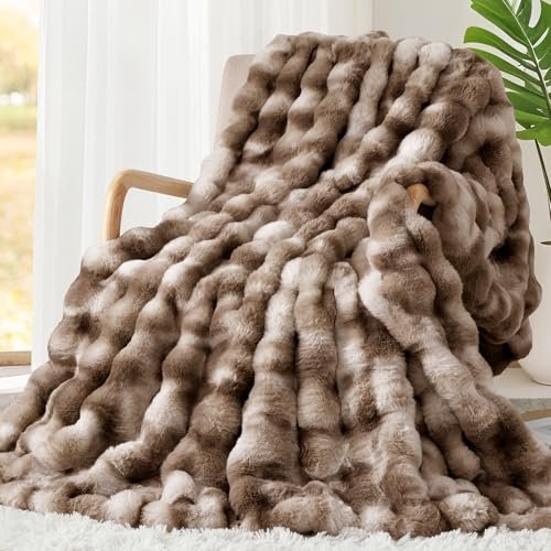 Touchat Luxury 1000GSM Rabbit Faux Fur Blanket – Cozy, Heavy, Touchat Luxury 1000GSM Rabbit Faux Fur Blanket, Super Heavy Warm Cozy Brown Blankets for Couch Bed Sofa, Ruched Plush Fuzzy Elegant Soft Reversible Mink Blanket for Living Room Bedroom, 60" x 80"