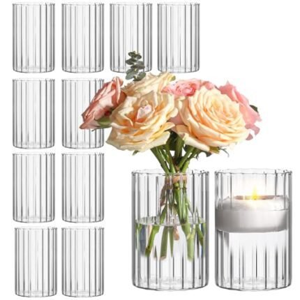 ComSaf Glass Cylinder Vases Pack of 12, Clear Ribbed Bud Vases for Centerpieces Weeding Decoration, 6 inch Tall Clear Flower Vases in Bulk, Hurricane Candle Holder for Party Home Decor
