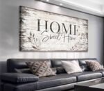 Home Sweet Home Wall Art Sign Large Dark Brown Farmhouse Wall Sign for Living Room Decoration Wooden Board Design Canvas Prints Modern Rustic Artwork Leaf Pictures Wall Decor 20" x 40"