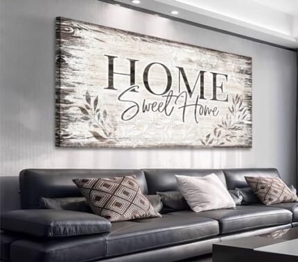 Home Sweet Home Wall Art Sign Large Dark Brown Farmhouse Wall Sign for Living Room Decoration Wooden Board Design Canvas Prints Modern Rustic Artwork Leaf Pictures Wall Decor 20" x 40"