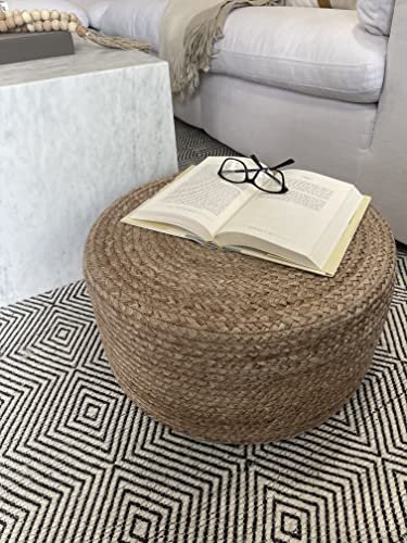Scandilivin Homes Pouf Ottoman - 100% Natural Jute Braided- Footrest Pouf Hand Knitted - Traditional Cord Boho Pouffe - for The Living Room, Bedroom, Nursery, Patio, Lounge (20" x 20" x 10")
