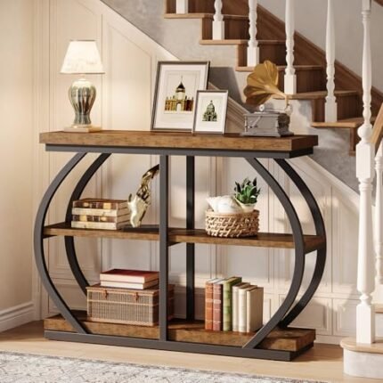 Tribesigns 41.3" Console Table, Industrial 3-Tier Entryway Table with Arched Metal Frame and Storage Shelves for Living Room, Hallway, Rustic Brown