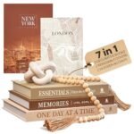 JULZEN Linen Decorative Books for Home Decor - Aesthetic Set of 3 Beige Fake Books for Coffee Table Decor with Faux Book Box Storage, Wood Knot & Bead Garland - Neutral Living Room Decoration