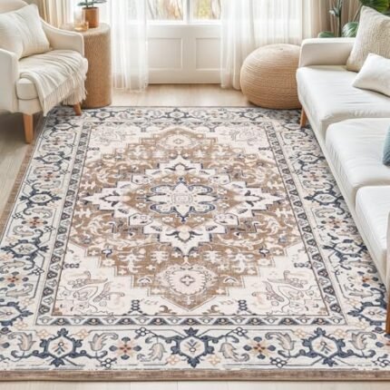 Lofus 5x7 Area Rugs for Living Room, Washable Area Rug, Rugs for Bedroom, Kitchen, Vintage Boho Carpet, Soft Non-Slip, Low Pile Large Area Rug for Office Dining Room, Floral Brown