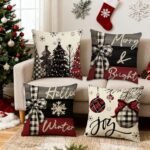 Xmas Trees Red Merry Christmas Pillow Covers 18 x 18 Inch,Set of 4 Decorative Pumpkin Orange Eucalyptus Designs for Seasonal Winter Decoration Couch Sofa Bedroom Living Room Decor
