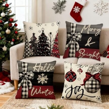 Xmas Trees Red Merry Christmas Pillow Covers 18 x 18 Inch,Set of 4 Decorative Pumpkin Orange Eucalyptus Designs for Seasonal Winter Decoration Couch Sofa Bedroom Living Room Decor