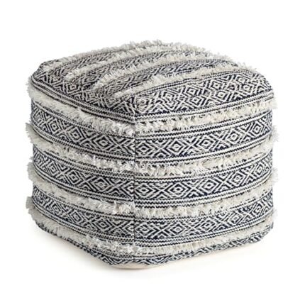 Anji Mountain 100% Handmade & Handcrafted Comfortable Home Décor Pouf Ottoman Footrest for Living Room, Bedroom, Nursery, Kidsroom, Patio Furniture - (20" x 20" x 20"- Ivory,Blue)