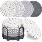 Mckanti 8 Pcs Drink Coasters with Holder, 4 Colors Absorbent Coasters, Minimalist Cotton Woven Coaster Set for Living Room Decor, Tabletop Protection Suitable for Kinds of Cups, 4.3 Inches