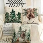 Set of 4 Merry Christmas Trees Pillow Covers 18"x18" - Snowflake & Red Berries Winter Decor - Image 4