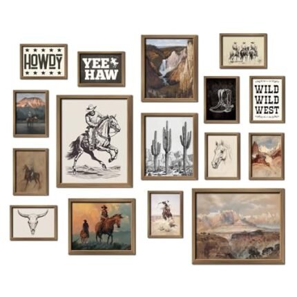ANERZA 16 PCS Framed Western Wall Art Decor, Southwestern Gallery Wall Frame Set Prints for Bedroom Bathroom, Cowboy Posters for Living Room Aesthetic, Dorm Home Artwork Collage Kit
