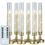 Prerish 6 PCS Flameless Candles with Remote Timer, Flickering LED Candles Romantic Ambiance with Embedded Star String, Gold Battery Perated Candles Decoration for Wedding Home Table Window Christmas