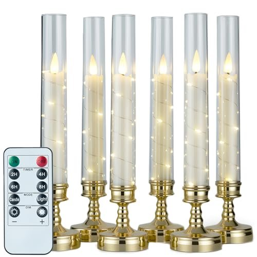 Prerish 6 PCS Flameless LED Candles with Remote Timer & Prerish 6 PCS Flameless Candles with Remote Timer, Flickering LED Candles Romantic Ambiance with Embedded Star String, Gold Battery Perated Candles Decoration for Wedding Home Table Window Christmas