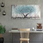 Arjun Tree of Life Canvas Art: Hand-Painted Blue Teal Landscape for Living Room, 40"x20" Framed Decor. - Image 5