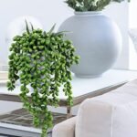 Set of 3 Assorted Faux Succulent Plants: Aloe, String of Pearls, Hops in Gray Geometric Pots for Home & Office Décor. - Image 5