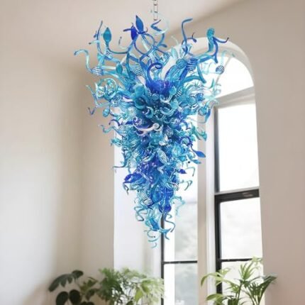 Blown Glass Chandelier, Modern Art Decor Dining Room Light Fixture, Foyer Lighting Fixtures Pendant Chandelier for Bedroom, Dining Room, Living Room, Staircase (Blue-2, 28''L x 48''W)