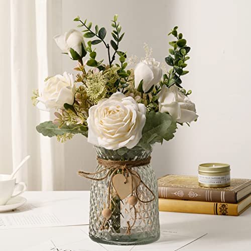 YJ Fake Silk Roses in Vase – Artificial Flower Arrangement YJ Fake Flowers with Vase, Silk Roses Artificial Flowers in Vase, Faux Flower Plant Arrangement Suitable for Home Office Decoration, Dining Table Centerpiece(White)