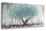Arjun Tree of Life Wall Art Canvas for Living Room Blue Tree Nature Teal Painting, 50% Hand Painted Textured Picture Bedroom Panoramic Landscape Artwork Framed Home Office Decor, Large 40"x20"