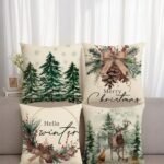 Merry Christmas Trees Pillow Covers 18 x 18 Inch,Set of 4 Decorative Snowflake Xmas Red Berries Hello Winter Designs for Seasonal Winter Decoration Couch Sofa Bedroom Living Room Decor