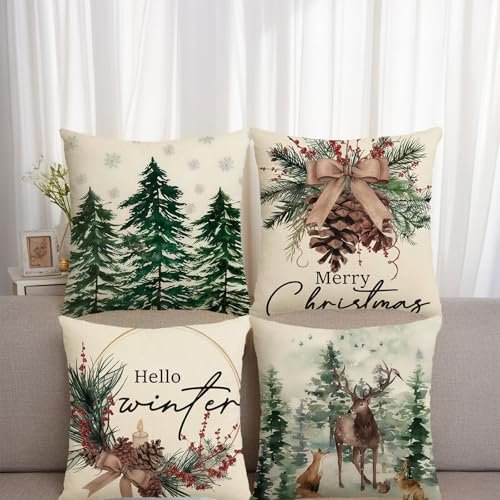 Set of 4 Merry Christmas Trees Pillow Covers 18"x18" - Merry Christmas Trees Pillow Covers 18 x 18 Inch,Set of 4 Decorative Snowflake Xmas Red Berries Hello Winter Designs for Seasonal Winter Decoration Couch Sofa Bedroom Living Room Decor