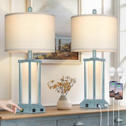 Cinkeda 27" Tall Vintage Table Lamp Set of 2 with USB C+A & Outlet,Nightstand Lamp for Living Room,Coastal Bedside Lamps with Frosted Glass Night Light for Bedroom Entryway,Blue