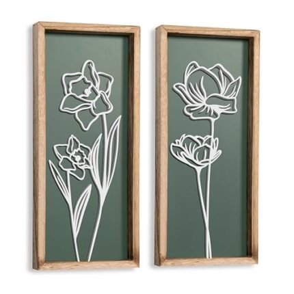 3D Floral Green Wall Art (Set of 2) Lightweight, Wooden Ready-to-Hang Boho Framed Wall Art for Bathroom, Bedroom, Living Room or Office – Premium Sage Green Farmhouse Decor – Gift-Boxed