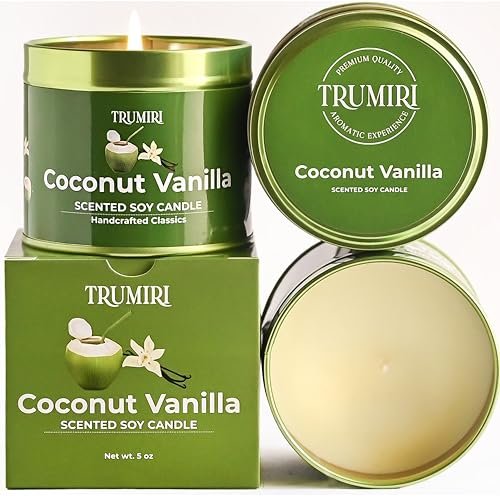 Coconut Vanilla Aromatherapy Candles - 5oz Natural Soy Wax, Non-Toxic, Coconut Vanilla - Aromatherapy Candles for Home Scented - 5oz Natural Soy Wax Clean Organic Non Toxic - Long Lasting Highly Scented with Essential Oils - Gifts for Women Relaxing Spa Beach Bathroom