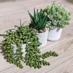 Set of 3 Assorted Faux Succulent Plants: Aloe, String of Pearls, Hops in Gray Geometric Pots for Home & Office Décor. - Image 4