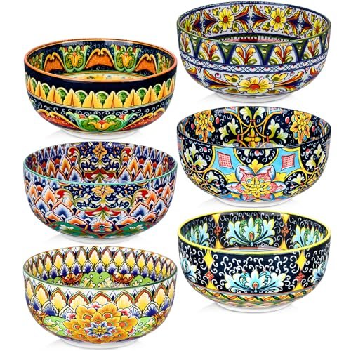 Meolibour Set of 6 Colorful 28 oz Ceramic Bowls – Meolibour Ceramic Cereal Bowls Set of 6, 28 oz Bohemian Soup Bowl, Colorful Bowls Set for Kitchen, Dessert Bowls for Salad, Pasta, Oatmeal, Ramen, Oatmeal, Fruit, Dishwasher & Microwave Safe