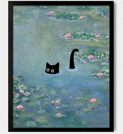 Hamduker Cat Wall Art Monet Prints Vintage Canvas Wall Art Funny Cat in Water Lilies Posters for Room Bedroom Living Room Bathroom Wall Decor Aesthetic (Size: 8''x10''x1pcs)