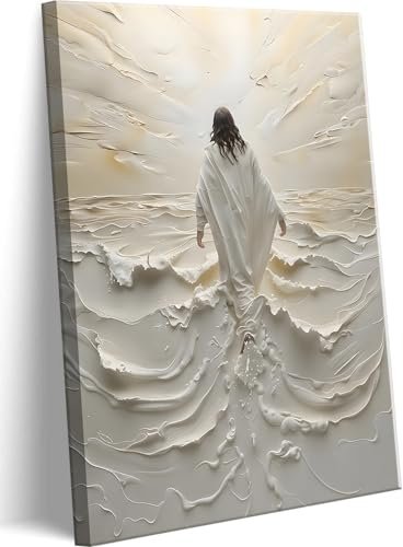 Abstract Jesus Walking on Water Canvas Wall Art Christian Spiritual Wall Decor Pictures Divine Light Modern Religious Posters Prints for Living Room Bedroom Church Decoration 16x24in