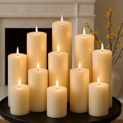 Ivory Pillar Candles Set, 12 Packs, 2.8 in x 4, 6, 8 Inch Assorted Size Unscented Pillar Candles Bulk for Home Decor, Long Burning Candle for Emergency, Holiday Dinner, Dripless & Smokeless