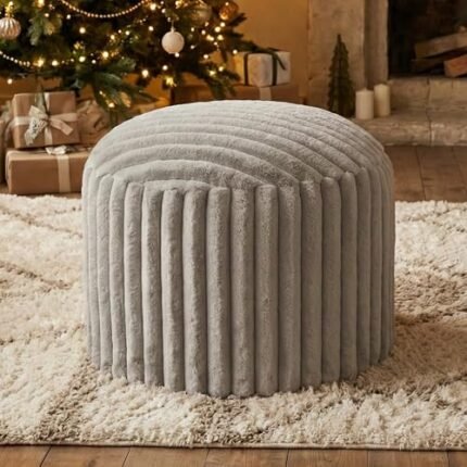 DAWNYIELD Luxury Round Stuffed Floor Poufs Ottoman, Stripe Faux Fur Footrest with Dual Layer Comfort, Removable Washable Cover, 20"x15" Plush Pouf Shaggy Stool for Living Room Bedroom, Gray