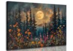 Full Moon Forest Canvas Wall Art Moonlit Pine Tree Mountains and Wildflowers Woodland Nature Landscape Picture Wall Decor Poster Print Artwork for Bedroom Living Room Home Decoration