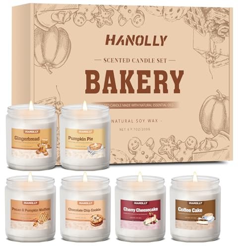 Bakery Candles Set: 6-Pack Fall & Winter Scented Soy Wax Bakery Candles Set, 6 Pack Fall Winter Candles for Home Scented, Candle Gift Set,Soy Wax Long Lasting Jar Candle of Pumpkin Pie, Coffee Cake,Gingerbread,Chocolate Cookie,Cherry Cheesecake Aromatherapy
