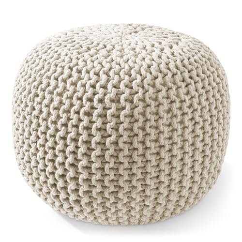 Casafield Round Natural Pouf Ottoman – 20" Dia x 14.5" Casafield Round Pouf Ottoman, Natural - 20" Diameter x 14.5" High Cotton Knit Foot Stool - Boho Floor Pouffe for Living Room, Bedroom, Home Office